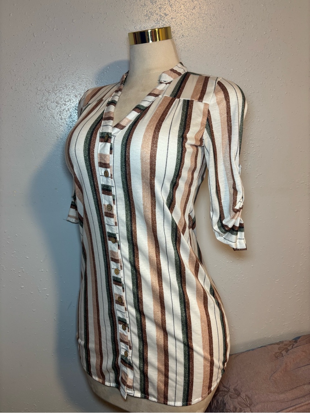 Passport Vertical Stripe Button-Up Mini Dress in White, Brown & Dark Green